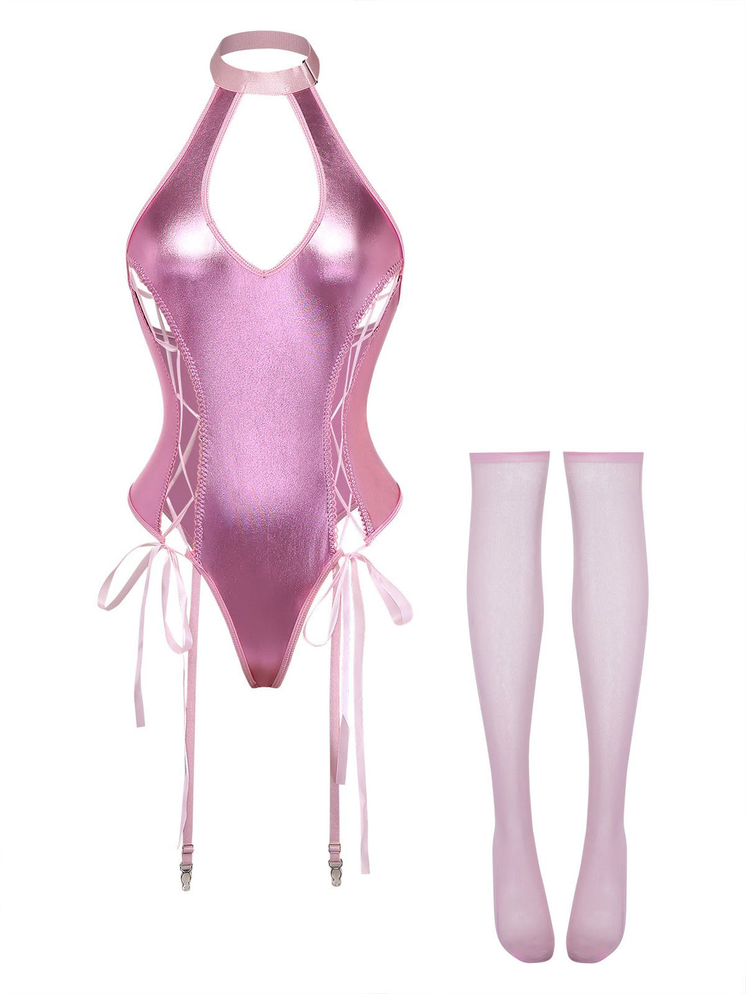 Patent Leather Halter Lace-Up Bodysuit Lingerie Set - vintage fashion, retro style