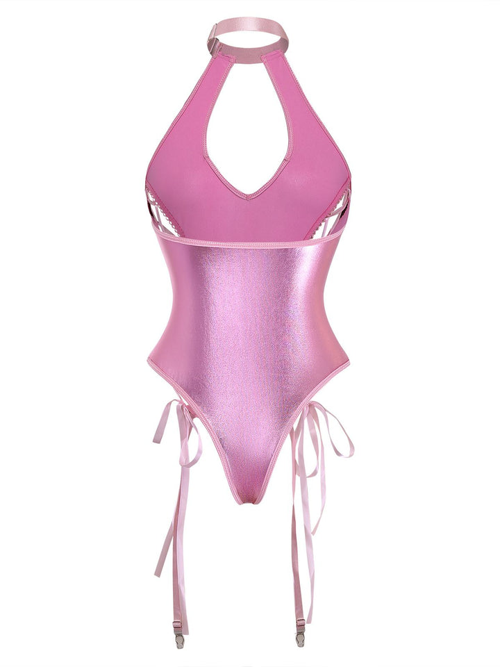 Patent Leather Halter Lace-Up Bodysuit Lingerie Set - vintage fashion, retro style
