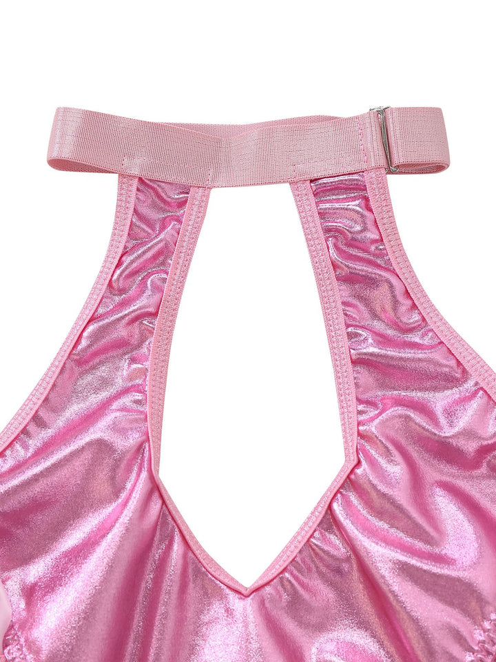 Patent Leather Halter Lace-Up Bodysuit Lingerie Set - vintage fashion, retro style