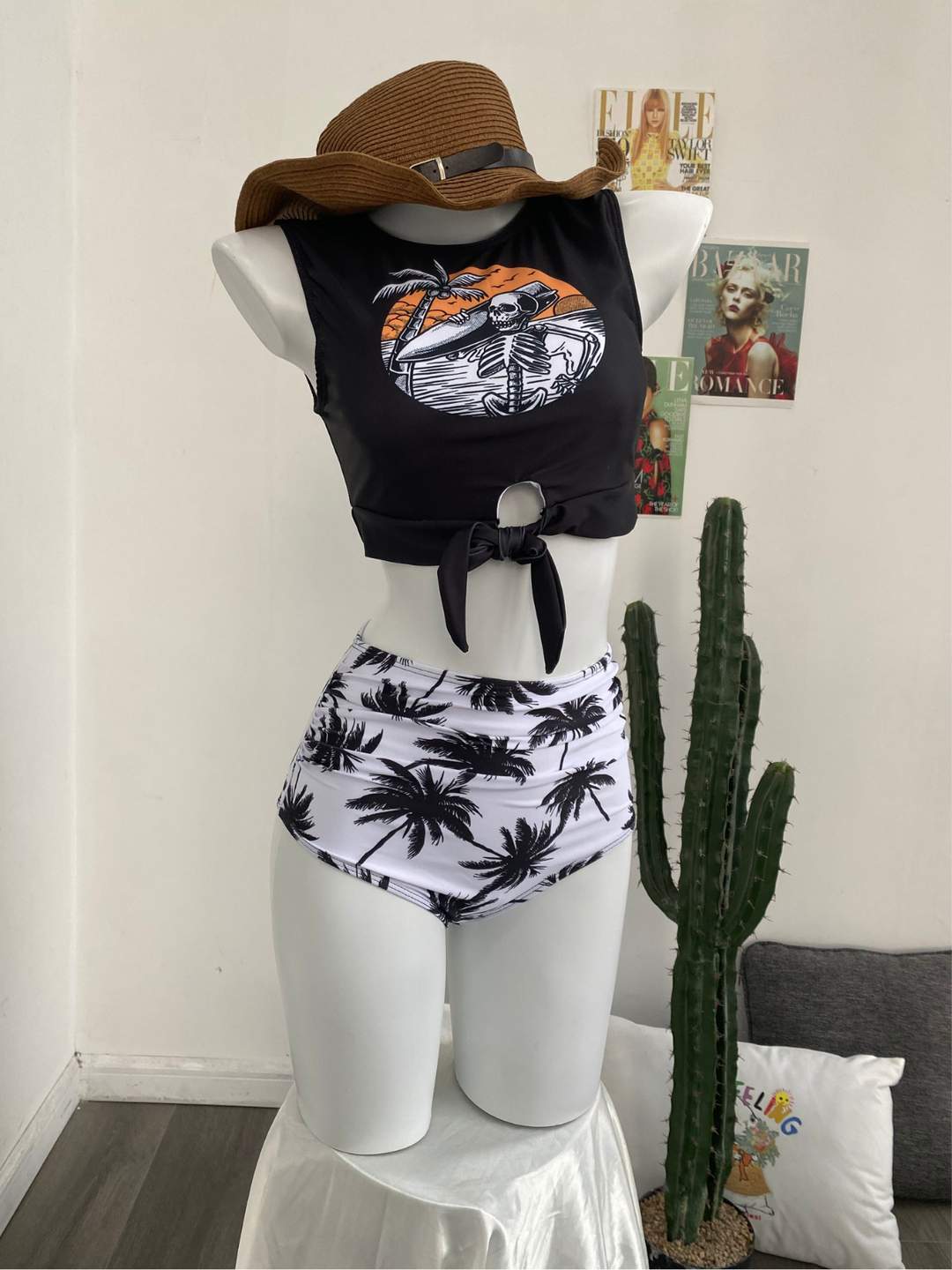 1980s Punk Waist Tie Skeleton Beach Print Bikini Set, classic vintage style summer beach collection - Image 3