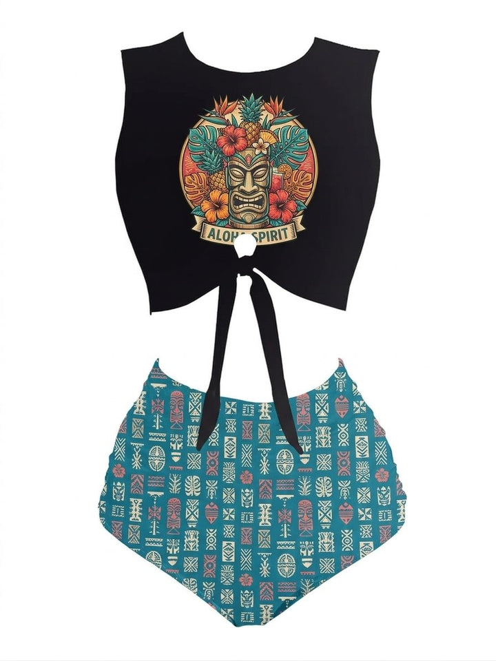 1980s Punk Waist Tie Tiki Graphic Bikini Set - vintage swimwear, retro swimsuit, pin-up style for vintage lovers