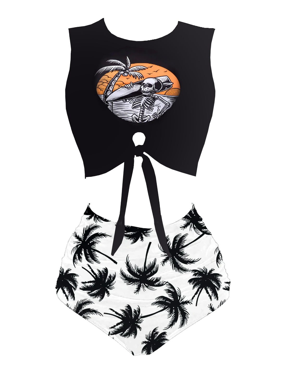 1980s Punk Waist Tie Tiki Graphic Bikini Set: beautiful vintage swimwear, retro swimsuit, pin-up style with timeless appeal
