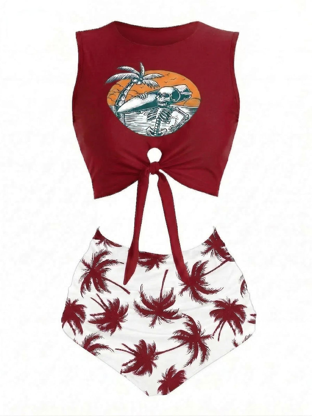 1980s Punk Waist Tie Tiki Graphic Bikini Set: beautiful vintage swimwear, retro swimsuit, pin-up style with timeless appeal