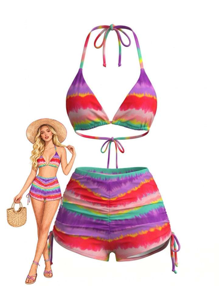 Rainbow 1980s Striped Backless Halter Bikini &amp; High-Waist Shorts - vintage fashion, retro style