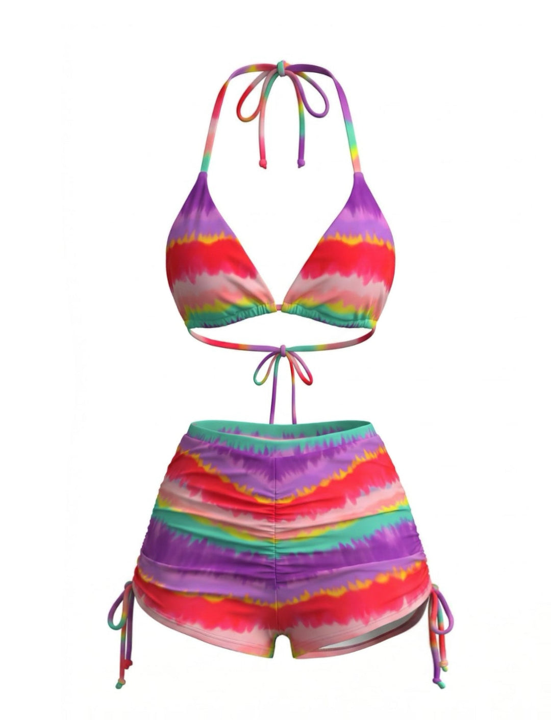 Rainbow 1980s Striped Backless Halter Bikini &amp; High-Waist Shorts - vintage fashion, retro style