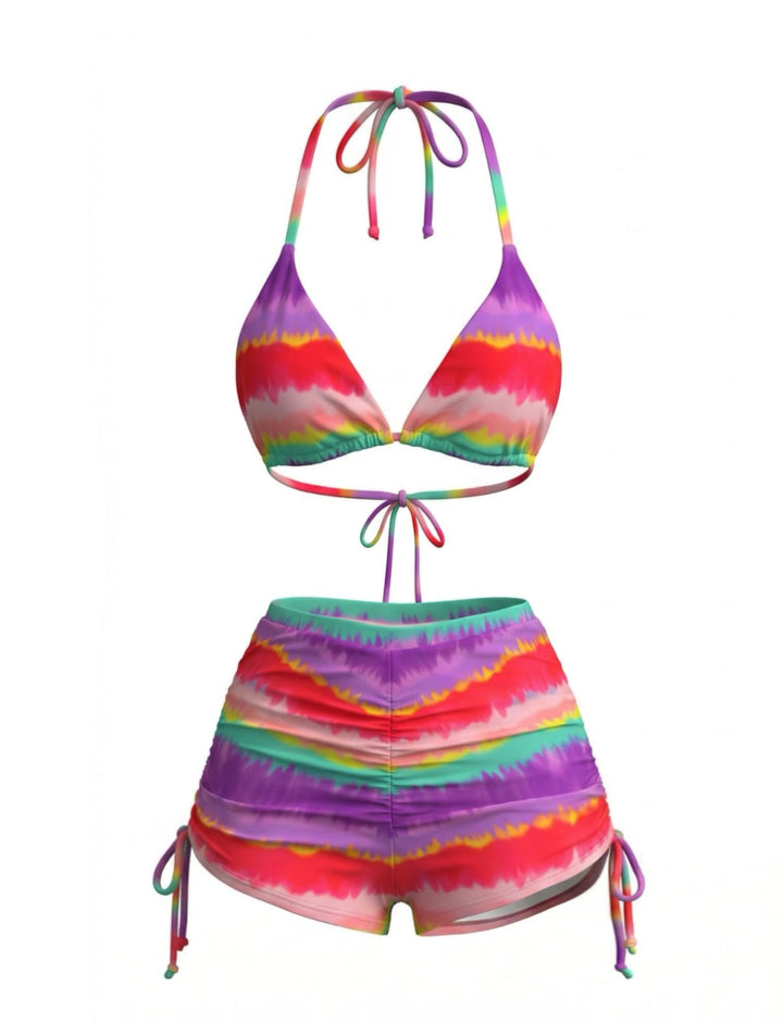 Rainbow 1980s Striped Backless Halter Bikini &amp; High-Waist Shorts - vintage fashion, retro style