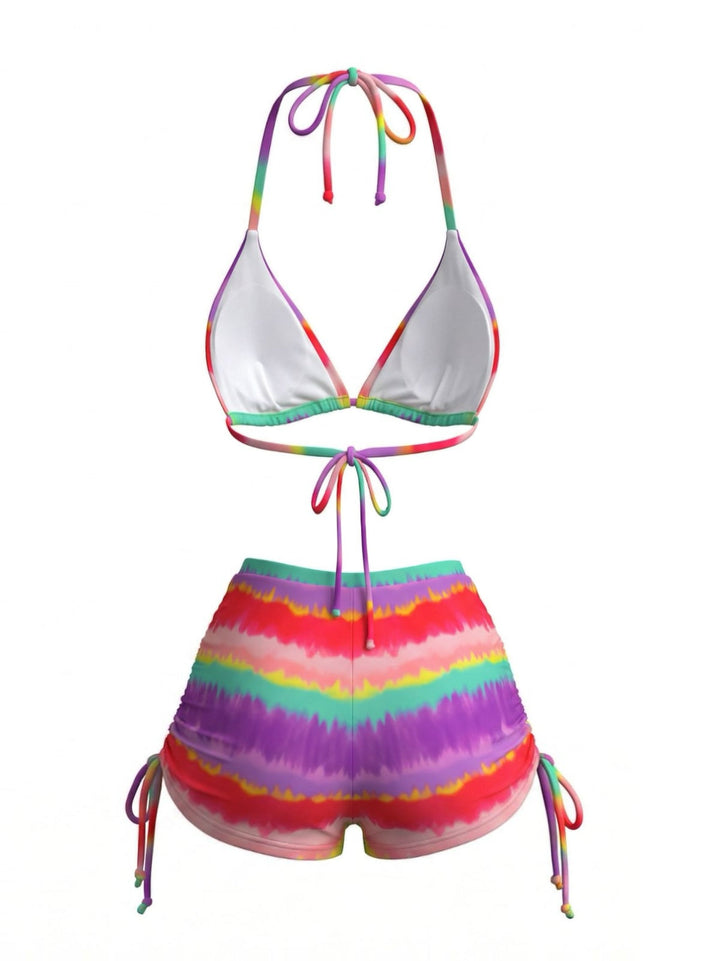 Rainbow 1980s Striped Backless Halter Bikini &amp; High-Waist Shorts - vintage fashion, retro style