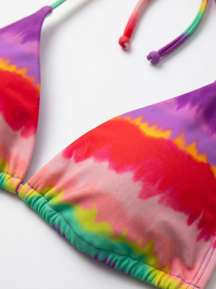 Rainbow 1980s Striped Backless Halter Bikini &amp; High-Waist Shorts - vintage fashion, retro style