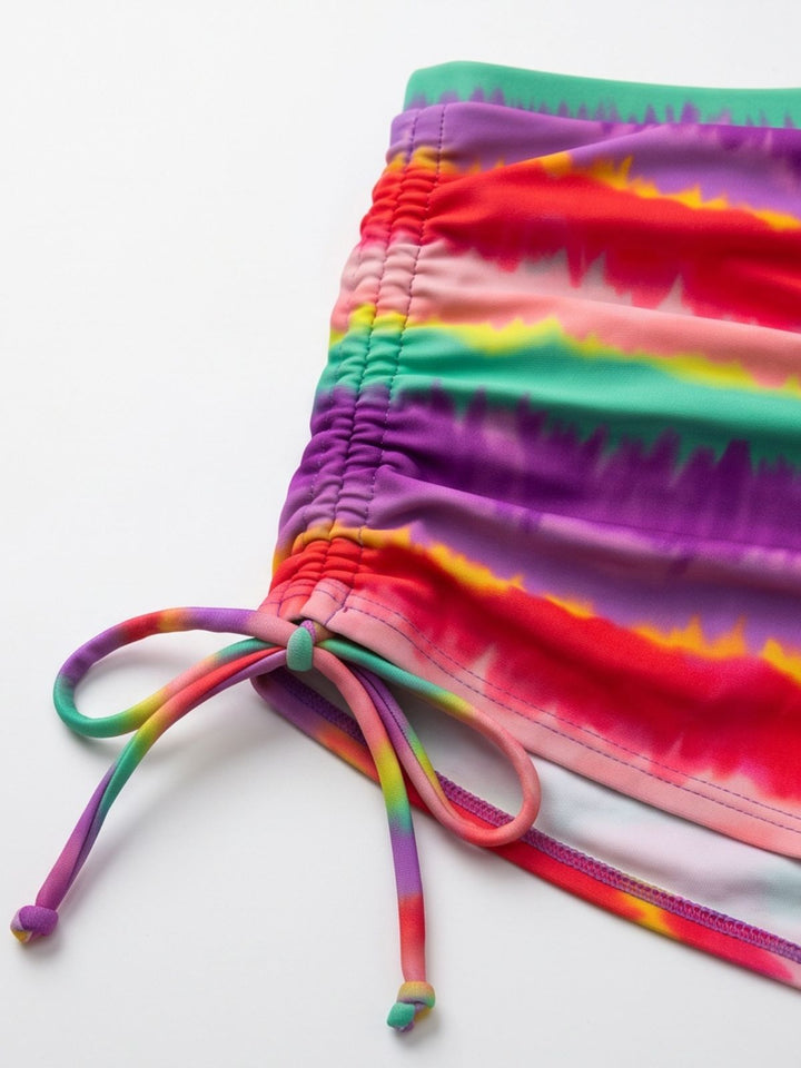 Rainbow 1980s Striped Backless Halter Bikini &amp; High-Waist Shorts - vintage fashion, retro style