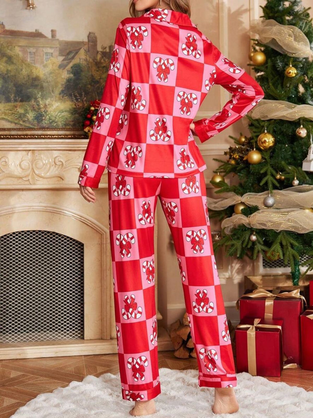 Red Christmas Checkerboard Candy Cane Pajama Set - vintage fashion, retro style, elegant red