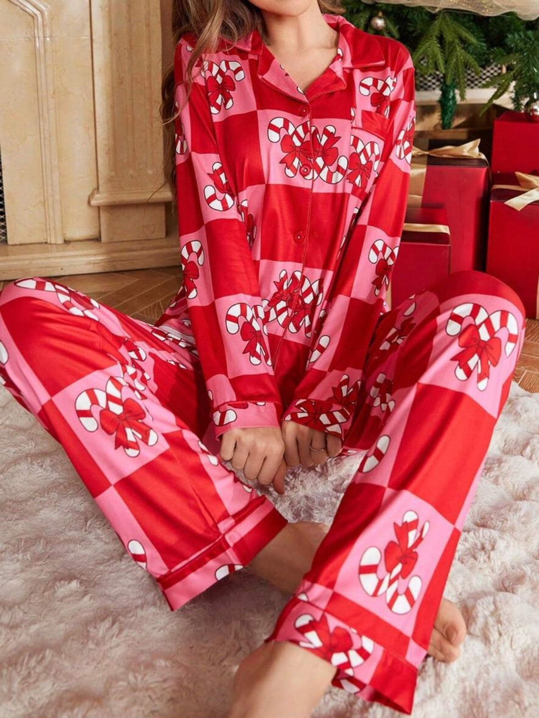Red Christmas Checkerboard Candy Cane Pajama Set - vintage fashion, retro style, elegant red