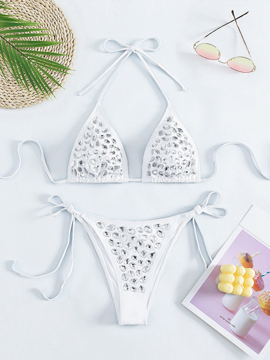 Rhinestone Halter Triangle Bikini Set, vintage swimsuit, swimwear - perfect for women who love vintage and retro fashion