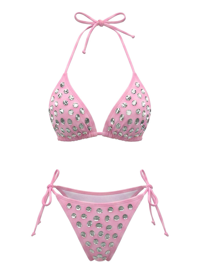 Rhinestone Halter Triangle Bikini Set, vintage swimsuit, swimwear - perfect for women who love vintage and retro fashion