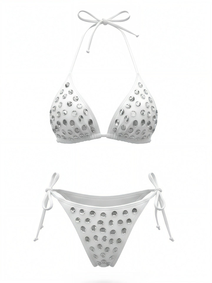 Rhinestone Halter Triangle Bikini Set, vintage swimsuit, swimwear - perfect for women who love vintage and retro fashion