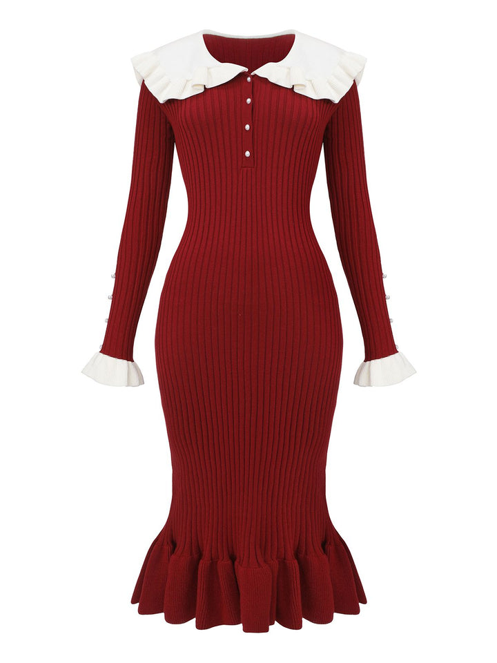 1980s Ribbed Ruffled Collar Midi Dress - vintage dress, retro fashion