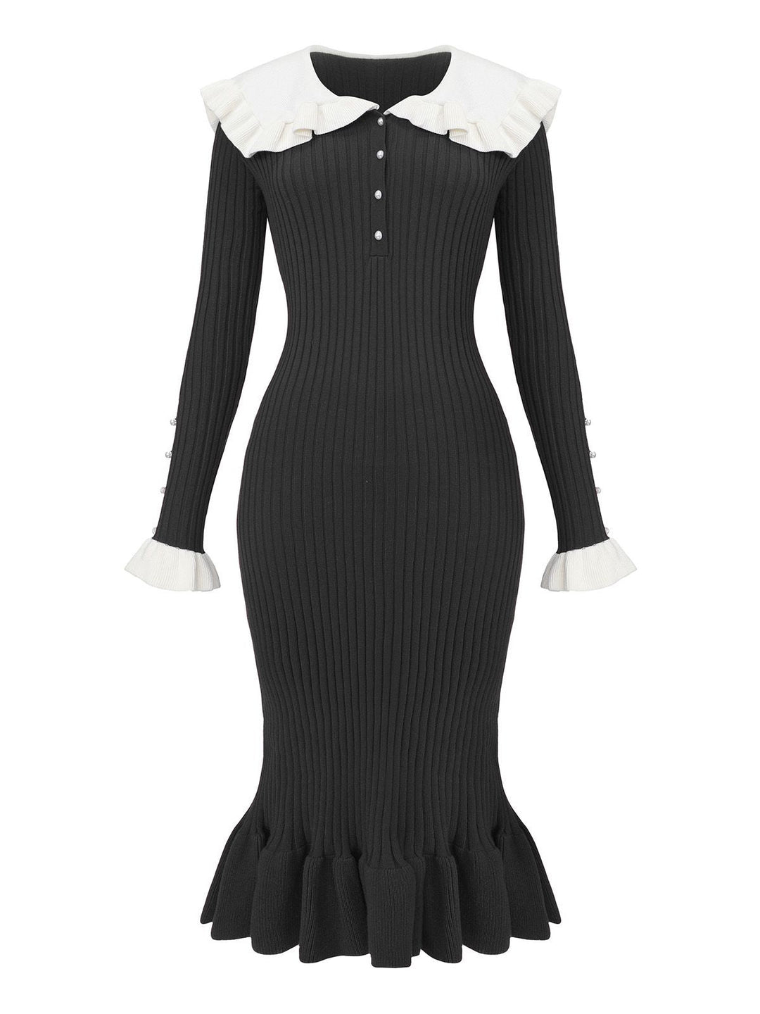 1980s Ribbed Ruffled Collar Midi Dress - vintage dress, retro fashion