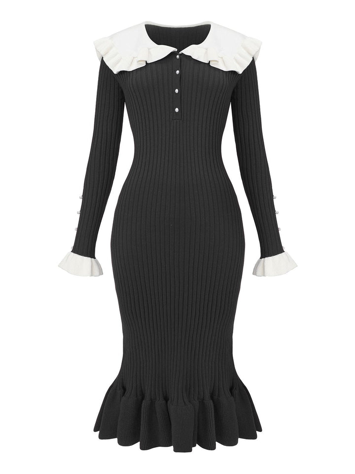 1980s Ribbed Ruffled Collar Midi Dress - vintage dress, retro fashion