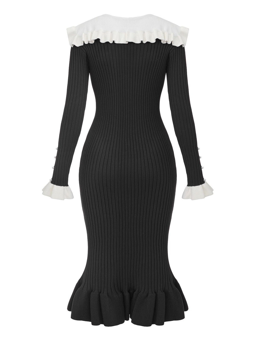1980s Ribbed Ruffled Collar Midi Dress - vintage dress, retro fashion