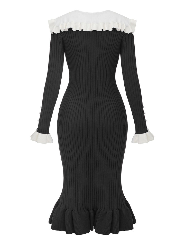 1980s Ribbed Ruffled Collar Midi Dress - vintage dress, retro fashion