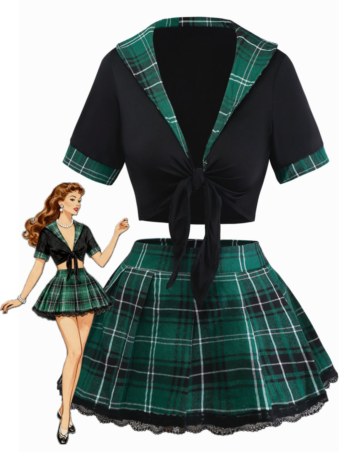 Sexy Lace-Up Plaid Pajama Set - vintage fashion, retro style