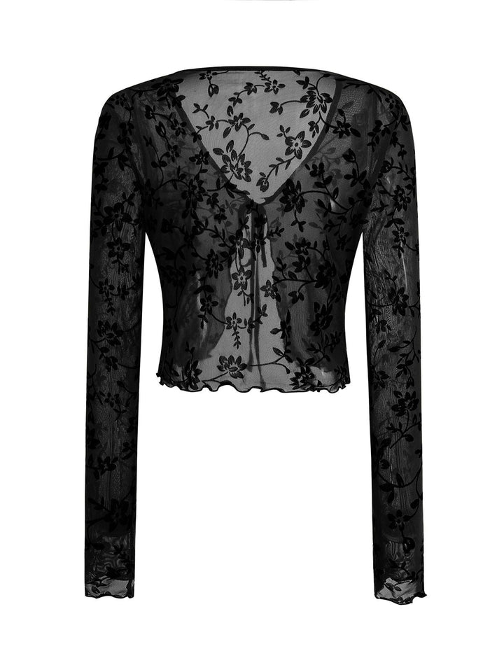 1980s Sheer Botanical Print Lace-Up Cardigan - vintage fashion, retro style