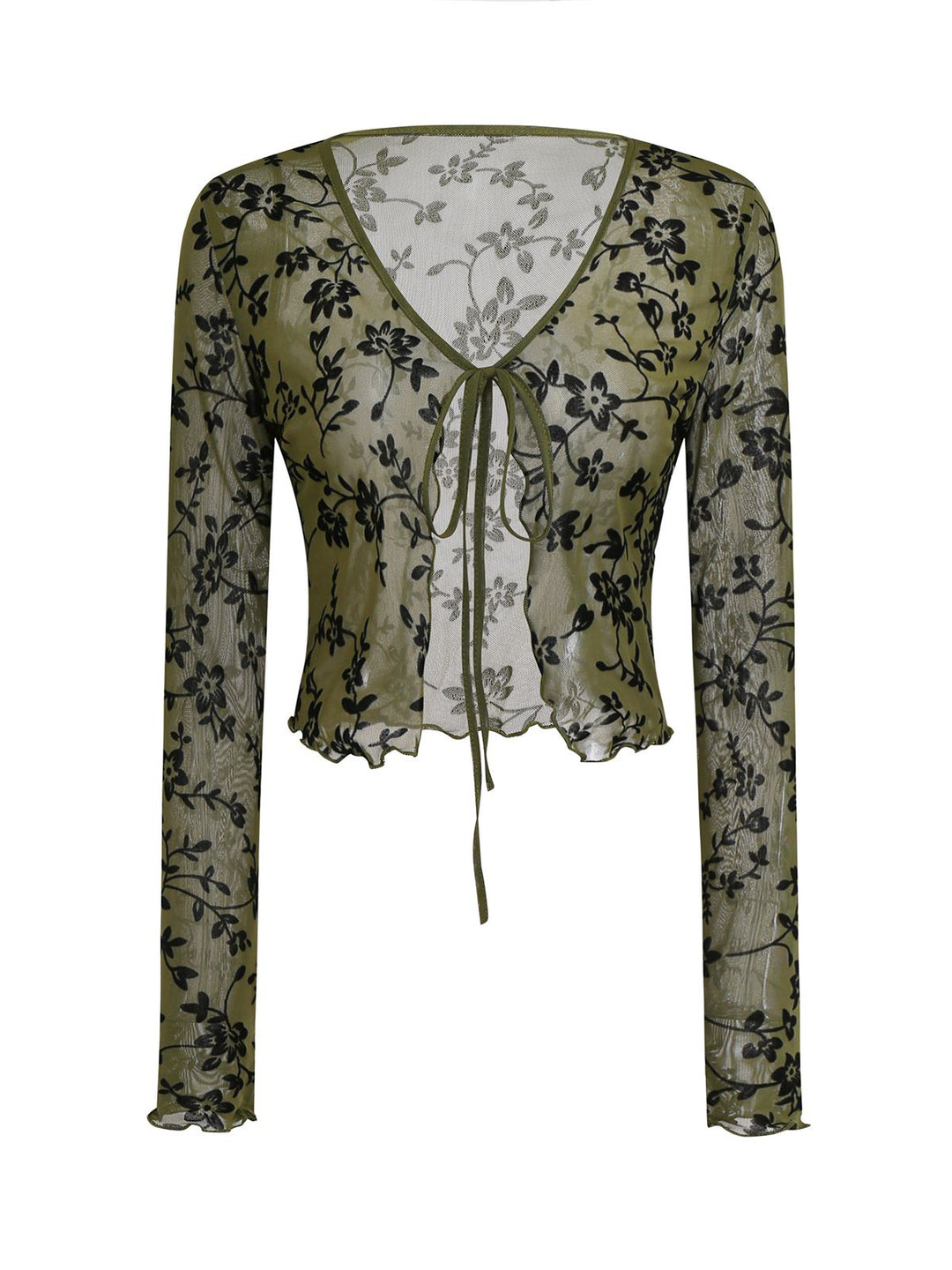 1980s Sheer Botanical Print Lace-Up Cardigan - vintage fashion, retro style