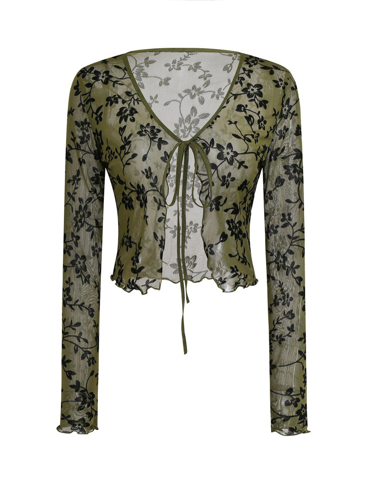 1980s Sheer Botanical Print Lace-Up Cardigan - vintage fashion, retro style