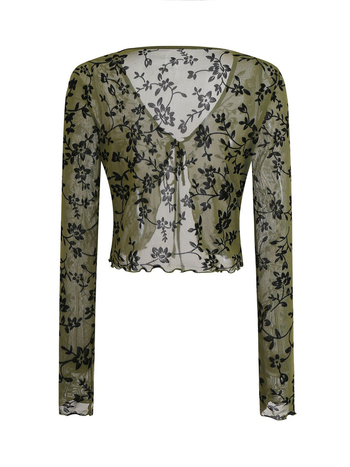 1980s Sheer Botanical Print Lace-Up Cardigan - vintage fashion, retro style