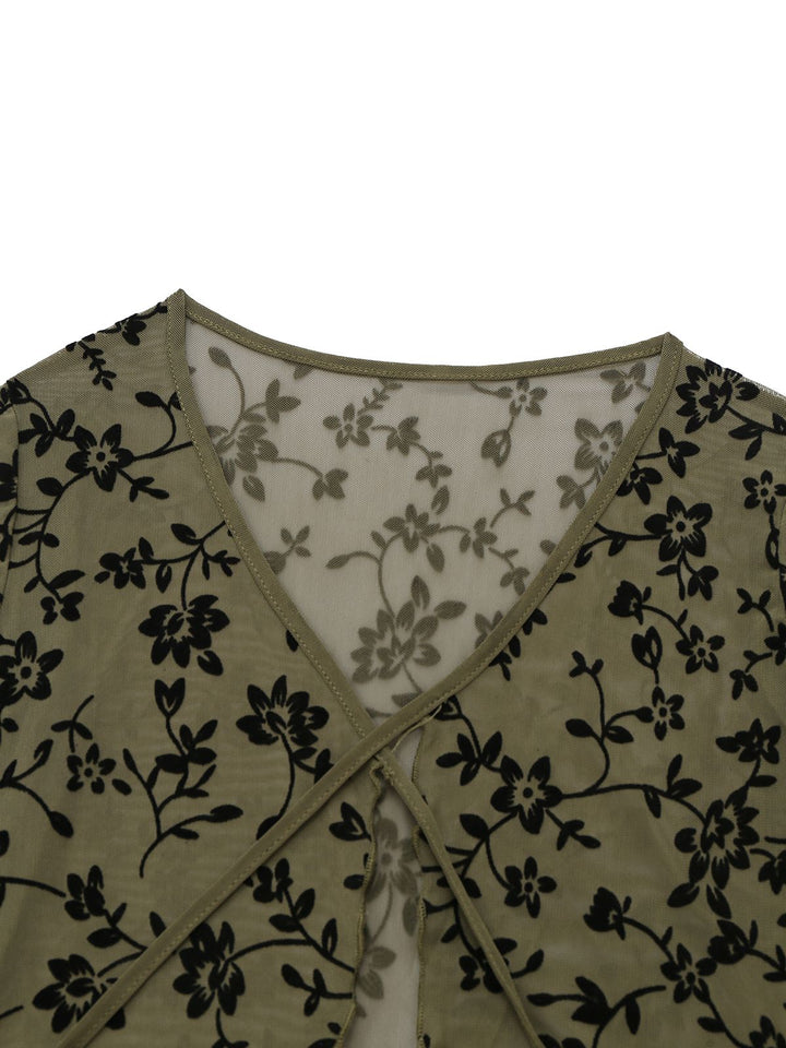 1980s Sheer Botanical Print Lace-Up Cardigan - vintage fashion, retro style