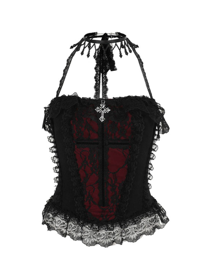 2PCS Black 1980s Gothic Steampunk Halter Cross Camisole &amp; Mini Skirt - vintage skirt, retro style, classic black