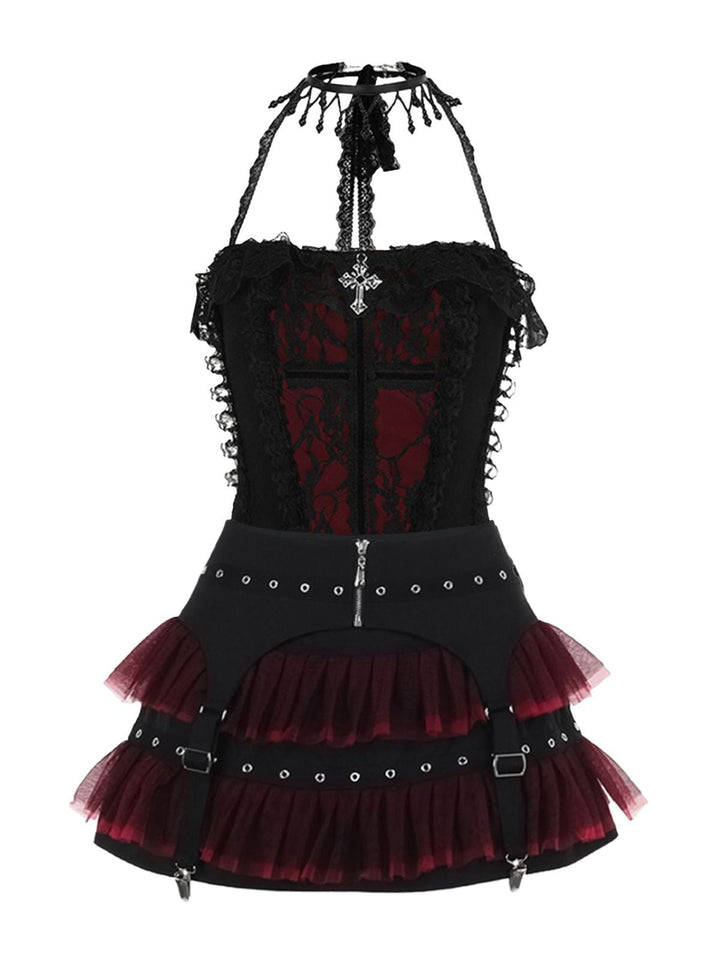 2PCS Black 1980s Gothic Steampunk Halter Cross Camisole &amp; Mini Skirt - vintage skirt, retro style, classic black