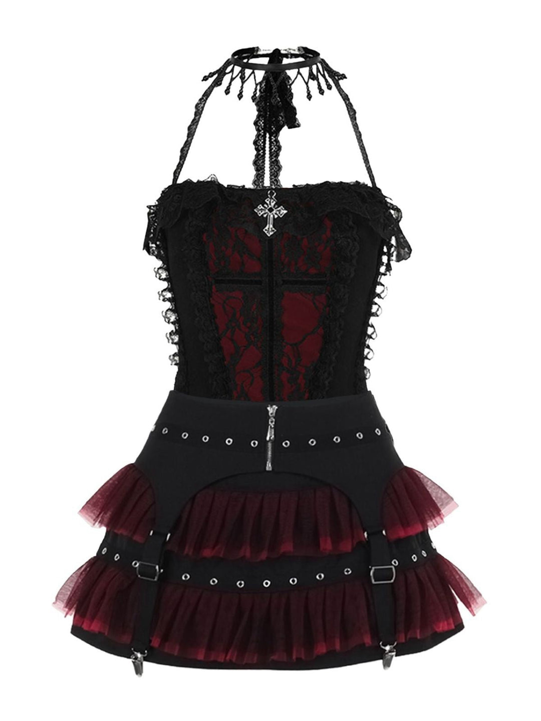 2PCS Black 1980s Gothic Steampunk Halter Cross Camisole &amp; Mini Skirt - vintage skirt, retro style, classic black