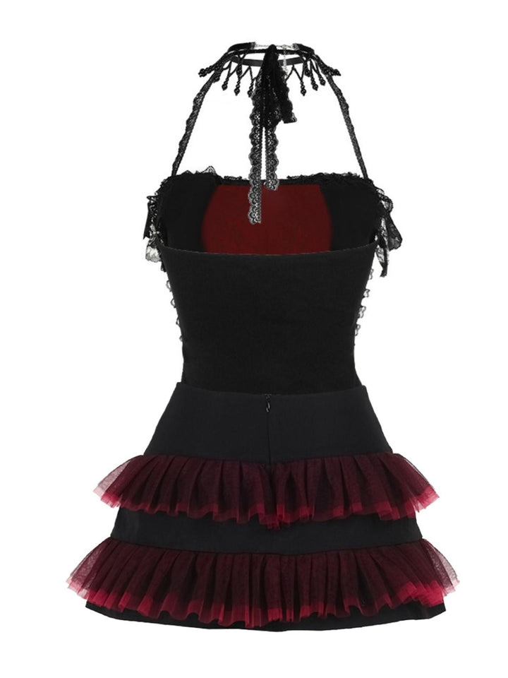 2PCS Black 1980s Gothic Steampunk Halter Cross Camisole &amp; Mini Skirt - vintage skirt, retro style, classic black