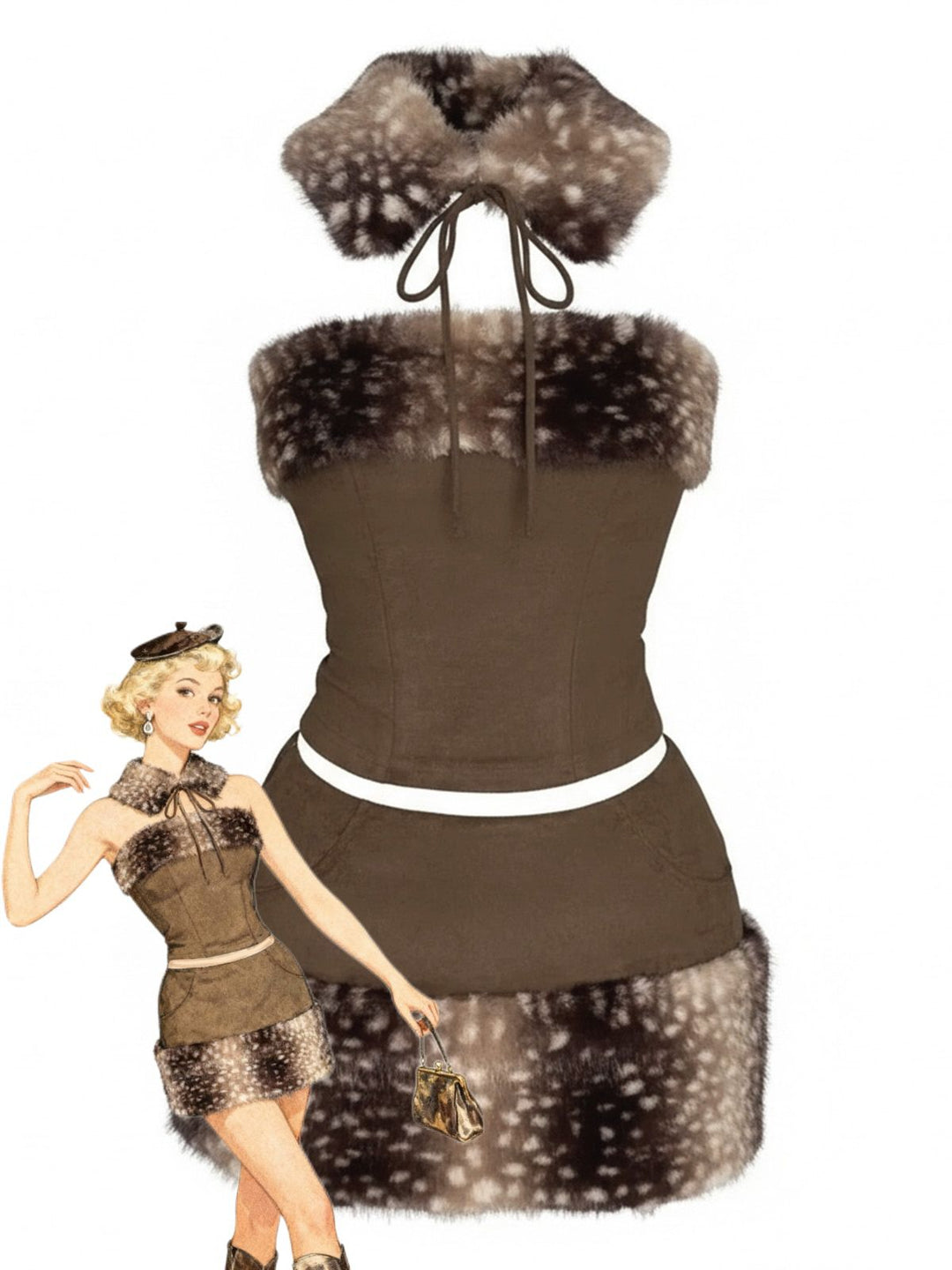 2PCS Brown 1980s Deer Faux Fur-Trimmed Crop Top &amp; Skirt - vintage skirt, retro style