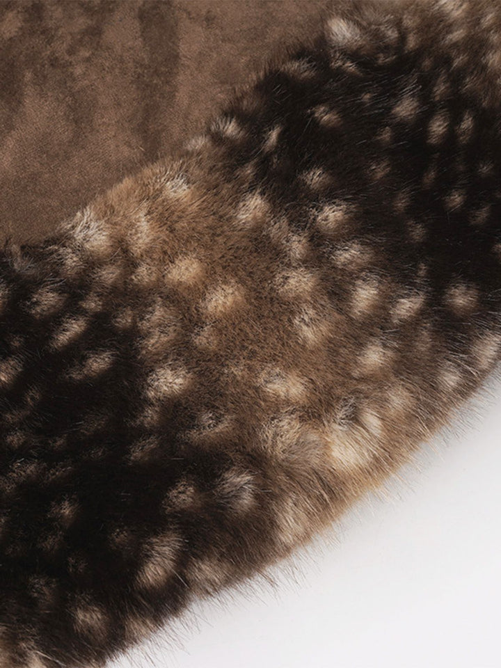 2PCS Brown 1980s Deer Faux Fur-Trimmed Crop Top &amp; Skirt - vintage skirt, retro style