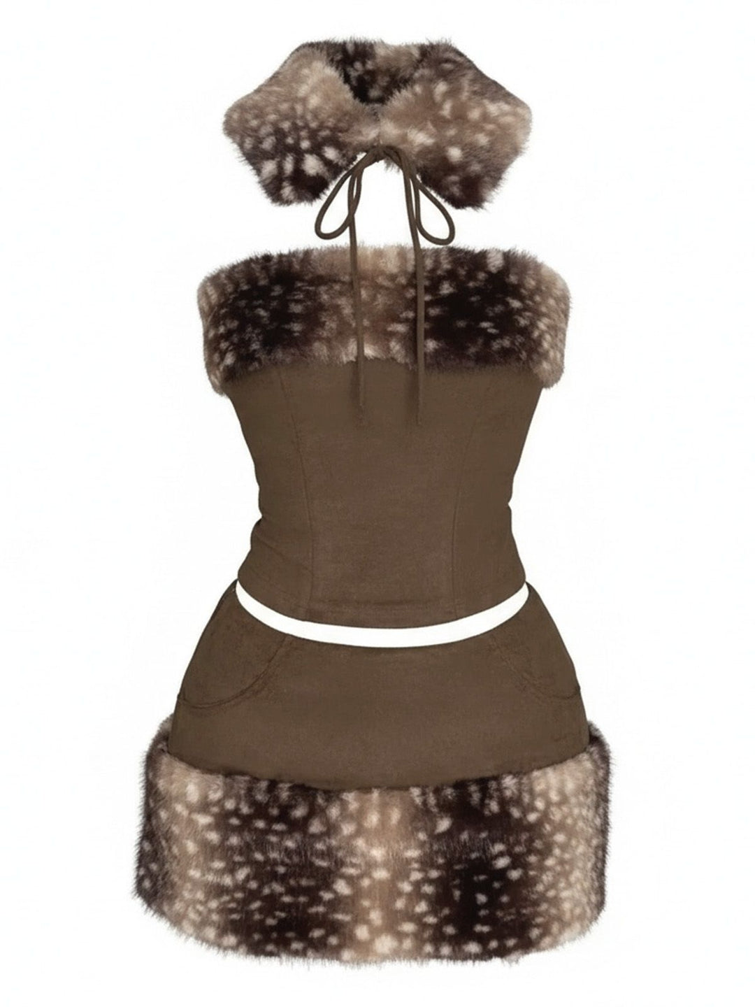 2PCS Brown 1980s Deer Faux Fur-Trimmed Crop Top &amp; Skirt - vintage skirt, retro style