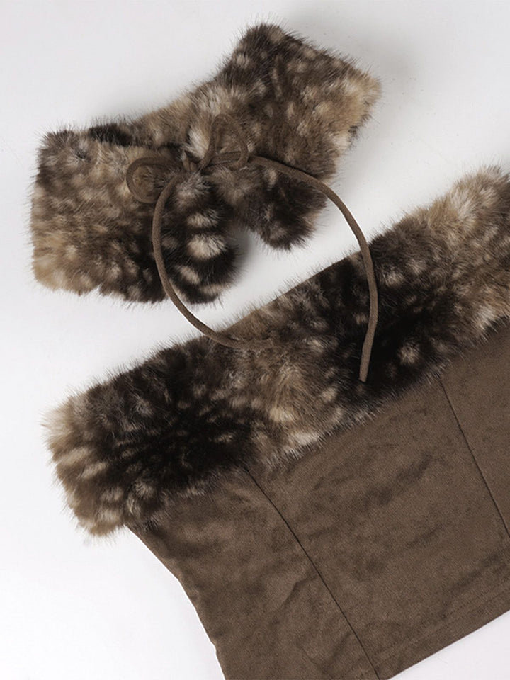 2PCS Brown 1980s Deer Faux Fur-Trimmed Crop Top &amp; Skirt - vintage skirt, retro style