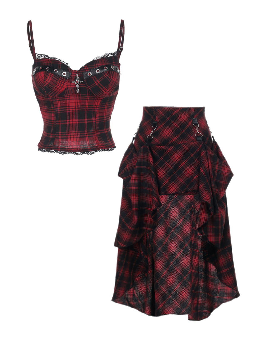 2PCS Red 1980s Plaid Smocked Top &amp; High-Low Hem Skirt - vintage skirt, retro style, elegant red