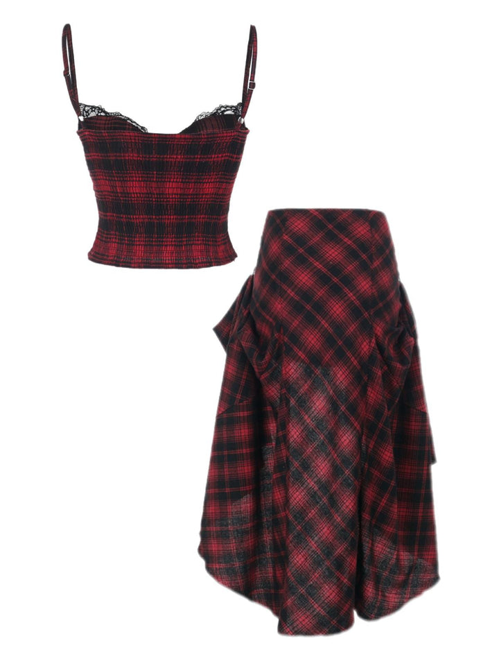 2PCS Red 1980s Plaid Smocked Top &amp; High-Low Hem Skirt - vintage skirt, retro style, elegant red