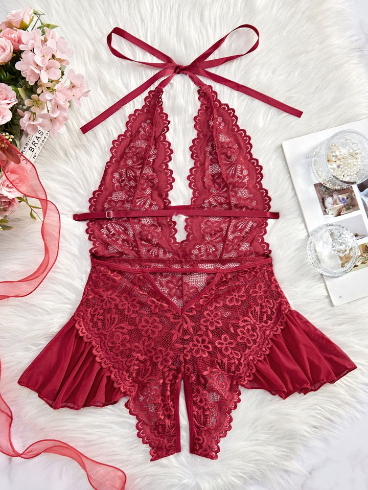 Halter Lace Lingerie with Leopard Print Skirt - vintage skirt, retro style