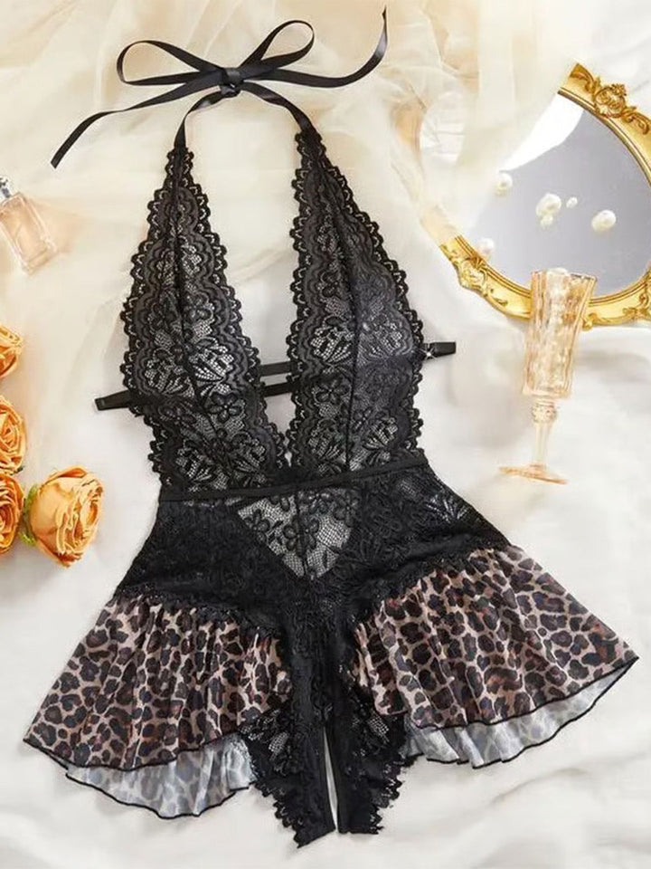 Halter Lace Lingerie with Leopard Print Skirt - vintage skirt, retro style