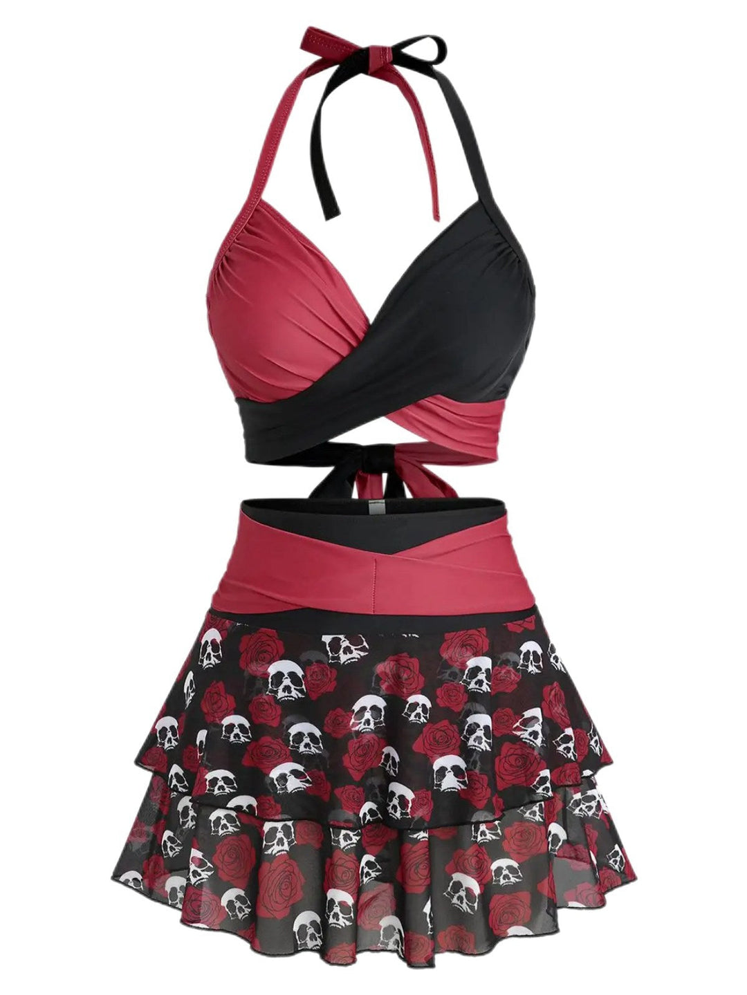 Black &amp; Red 1980s Gothic Skull Rose Halter Skirt Swimsuit - vintage skirt, retro style, classic black