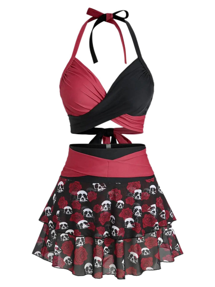 Black &amp; Red 1980s Gothic Skull Rose Halter Skirt Swimsuit - vintage skirt, retro style, classic black