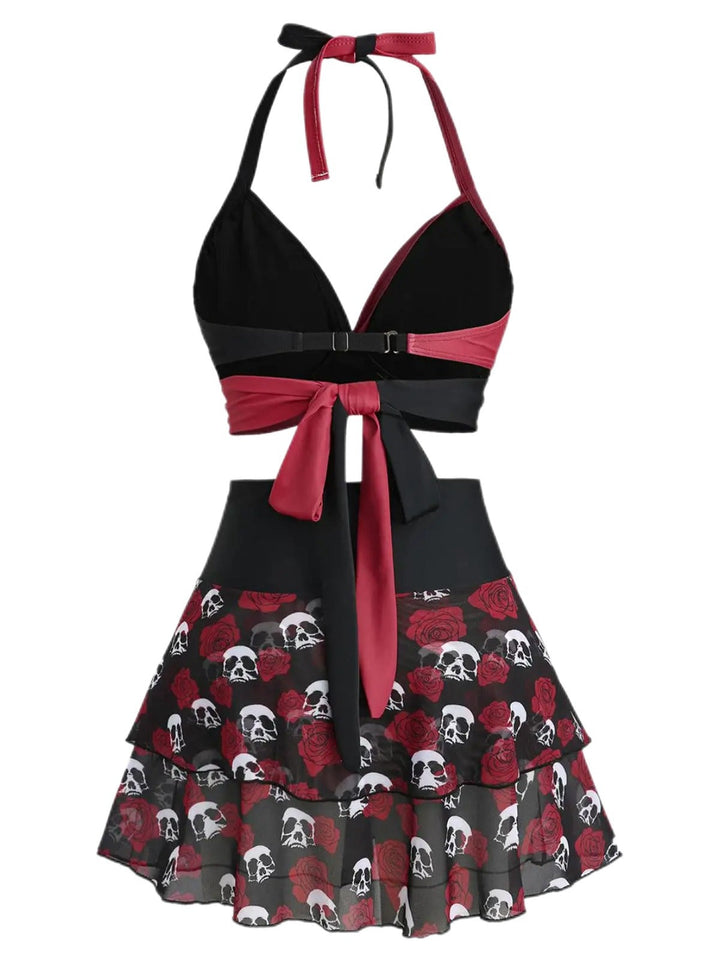 Black &amp; Red 1980s Gothic Skull Rose Halter Skirt Swimsuit - vintage skirt, retro style, classic black