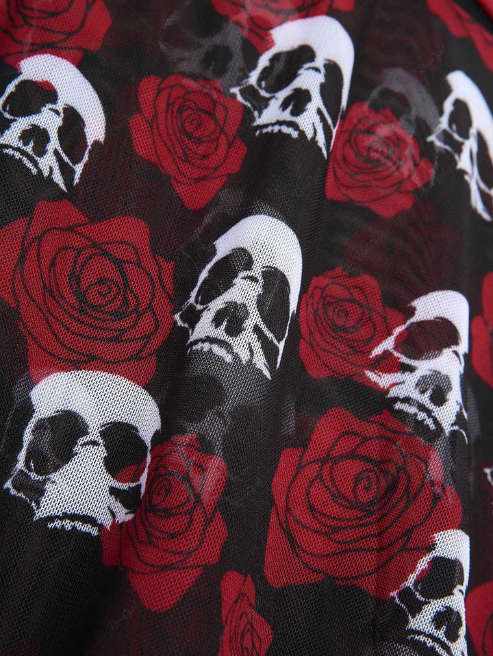 Black &amp; Red 1980s Gothic Skull Rose Halter Skirt Swimsuit - vintage skirt, retro style, classic black