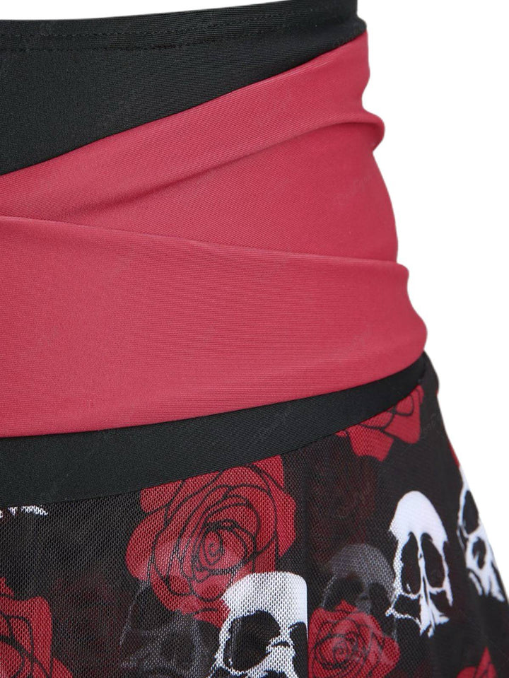 Black &amp; Red 1980s Gothic Skull Rose Halter Skirt Swimsuit - vintage skirt, retro style, classic black