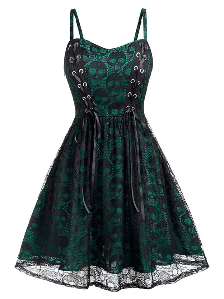 She slips into this 1980s Skull Pattern Gothic Style Dress and suddenly it&