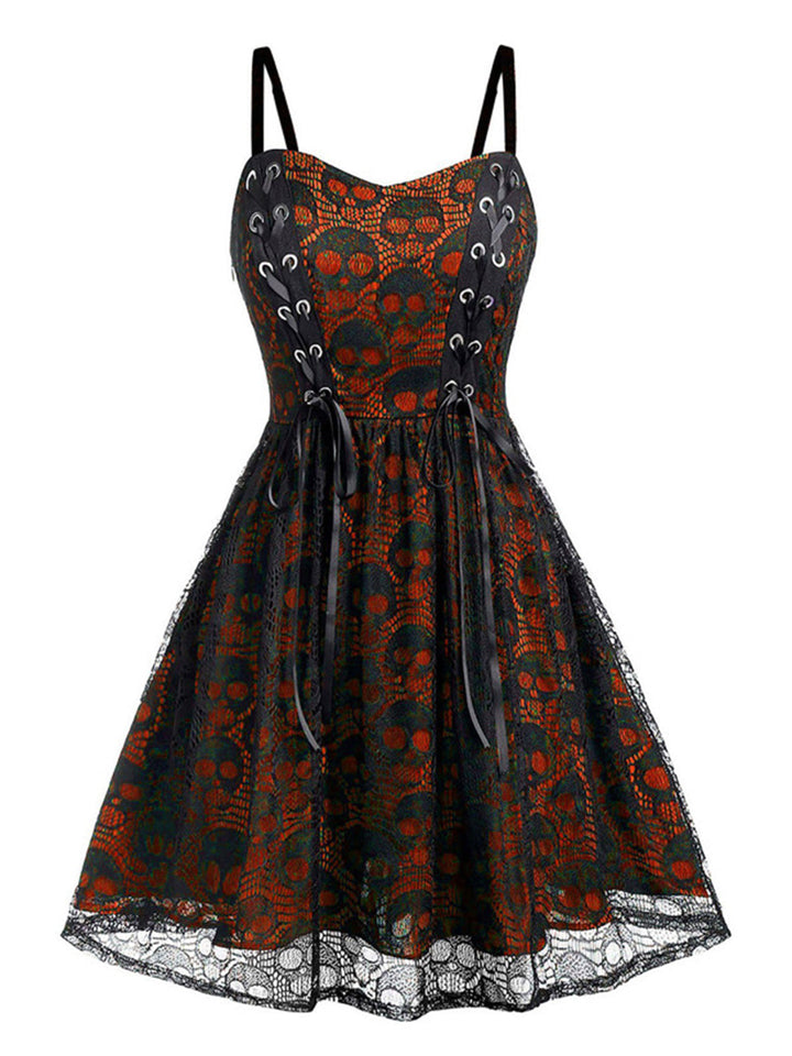Wine Red 1980s Skull Pattern Gothic Style Dress, vintage dress, retro fashion - perfect for women who love vintage and retro fashion