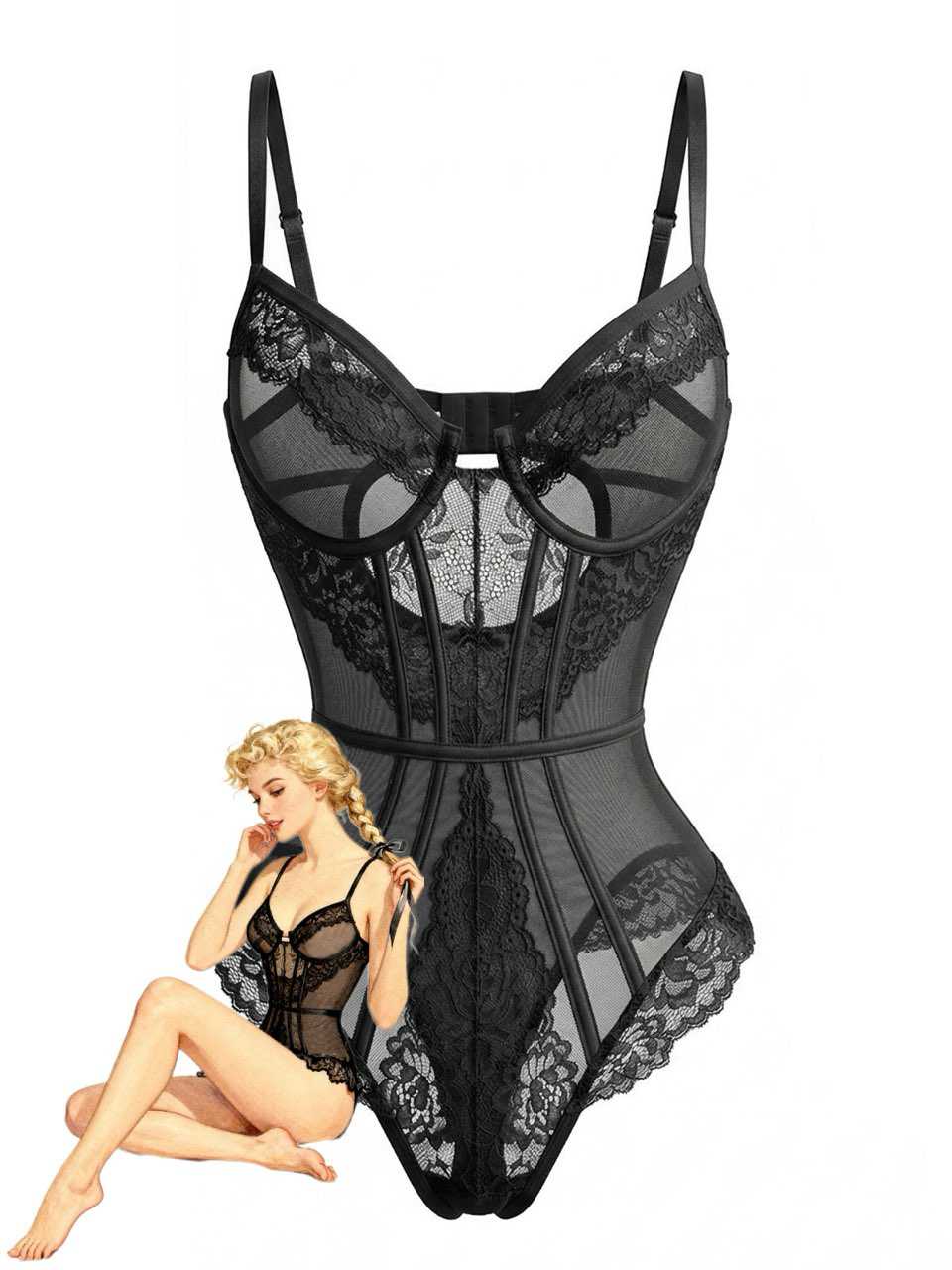 Slip Floral Lace Bodysuit Lingerie - vintage lingerie, retro nightgown, elegant sleepwear for vintage lovers