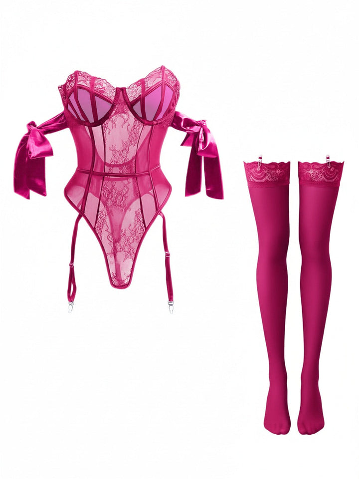 Solid Bow Tie Bodysuit Pajama With Stockings Set - vintage fashion, retro style